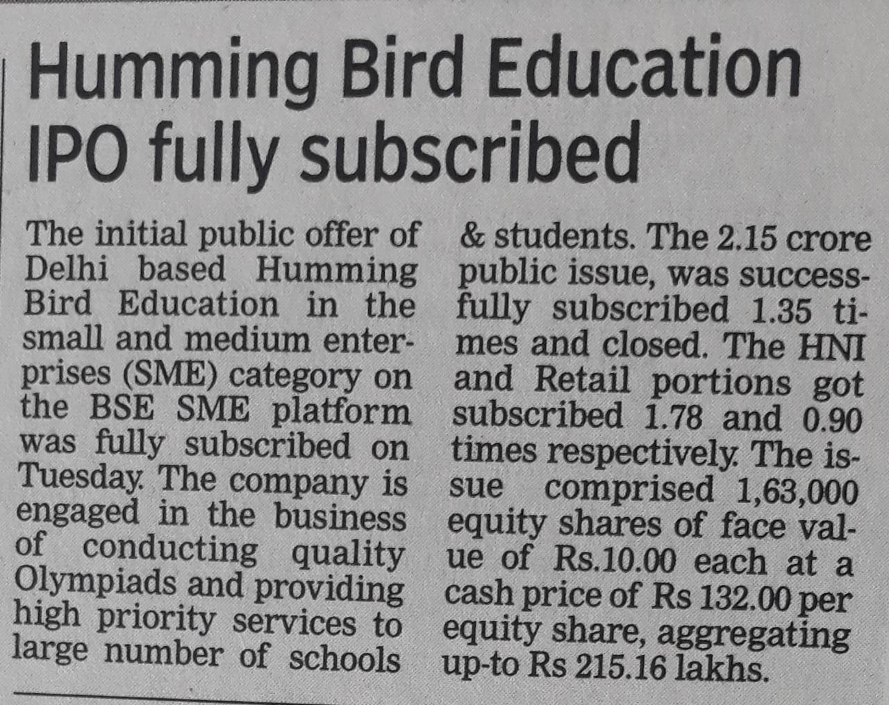 Press coverage – Humming Bird Education